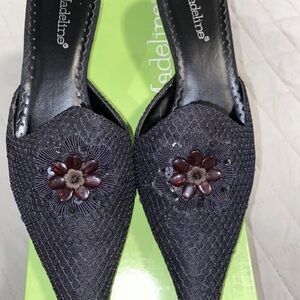 Madeline Stuart Black Mules with Floral Embellishment